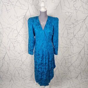 Nora Noh Blue 100% Silk Artsy Faux Wrap Criss Cross Midi Dress